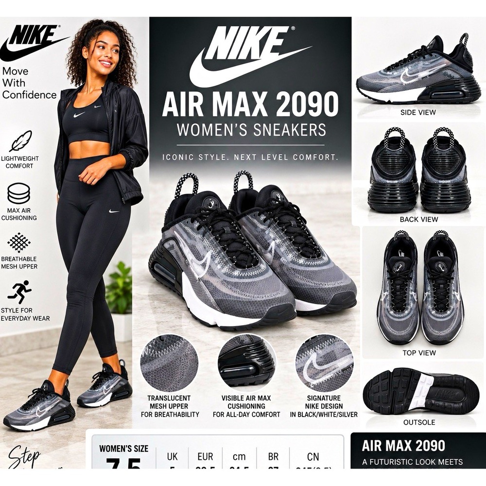 Nike Air Max 2090 Women's Mesh Low Top Sneakers Cushioned Black/Gray/White